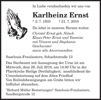 Traueranzeige von Karlheinz Ernst von SAARBRÜCKER ZEITUNG