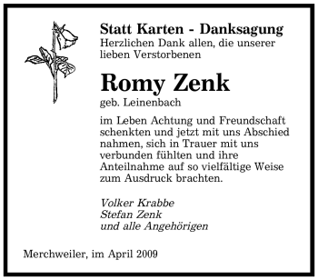 Traueranzeige von Romy Zenk von SAARBRÜCKER ZEITUNG