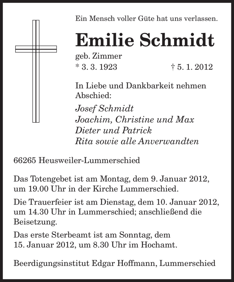  Traueranzeige für Emilie Schmidt vom 07.01.2012 aus SAARBRÜCKER ZEITUNG