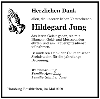 Traueranzeige von Hildegard Jung von SAARBRÜCKER ZEITUNG