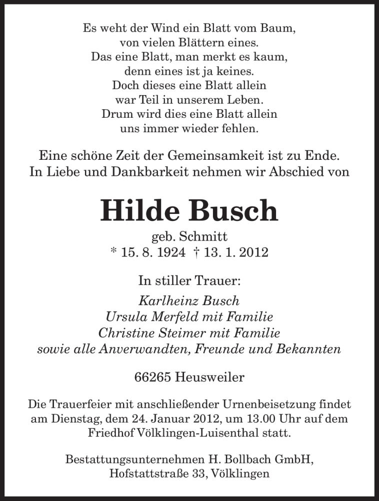  Traueranzeige für Hilde Busch vom 19.01.2012 aus SAARBRÜCKER ZEITUNG