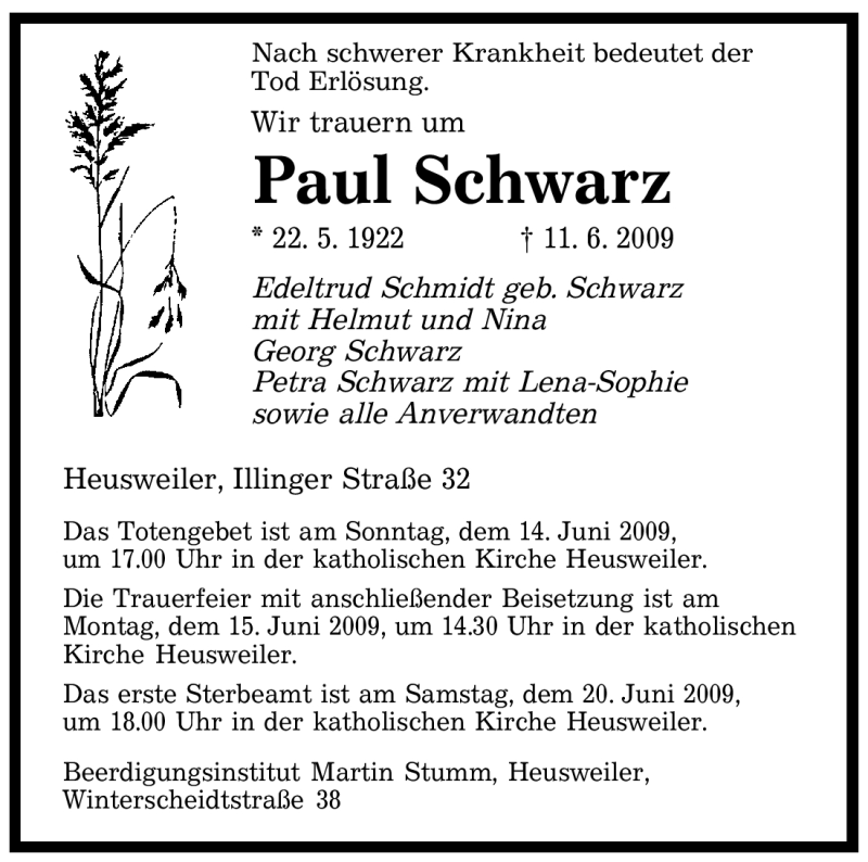  Traueranzeige für Paul Schwarz vom 13.06.2009 aus SAARBRÜCKER ZEITUNG