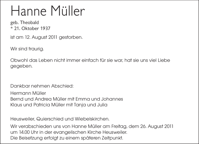  Traueranzeige für Hanne Müller vom 20.08.2011 aus SAARBRÜCKER ZEITUNG