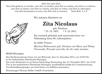 Traueranzeige von Zita Nicolaus von SAARBRÜCKER ZEITUNG