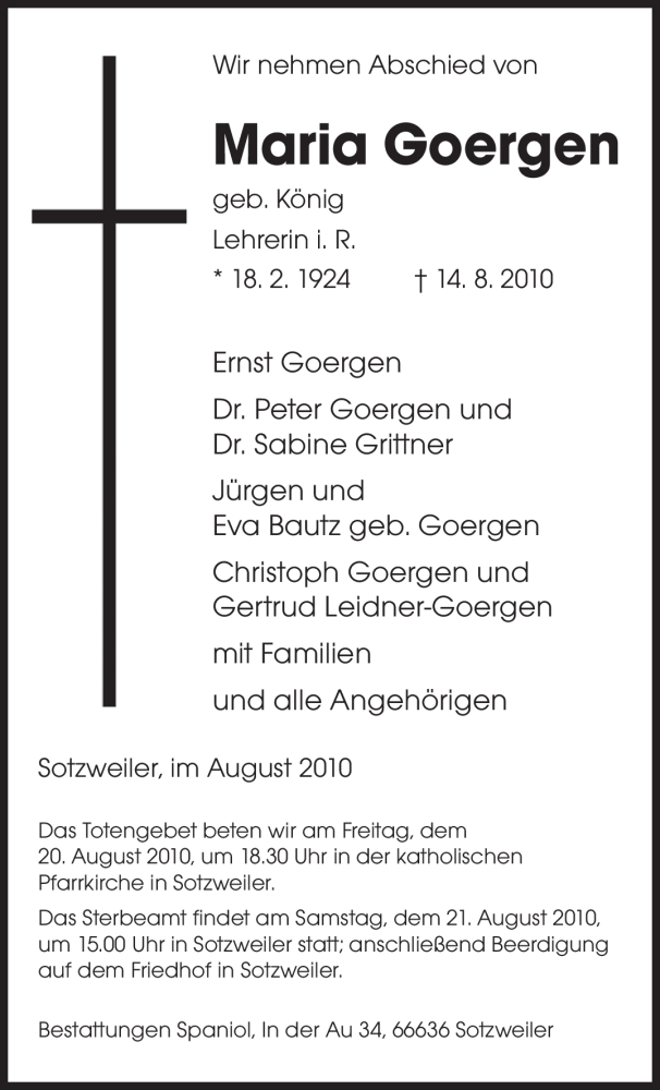  Traueranzeige für Maria Goergen vom 18.08.2010 aus SAARBRÜCKER ZEITUNG