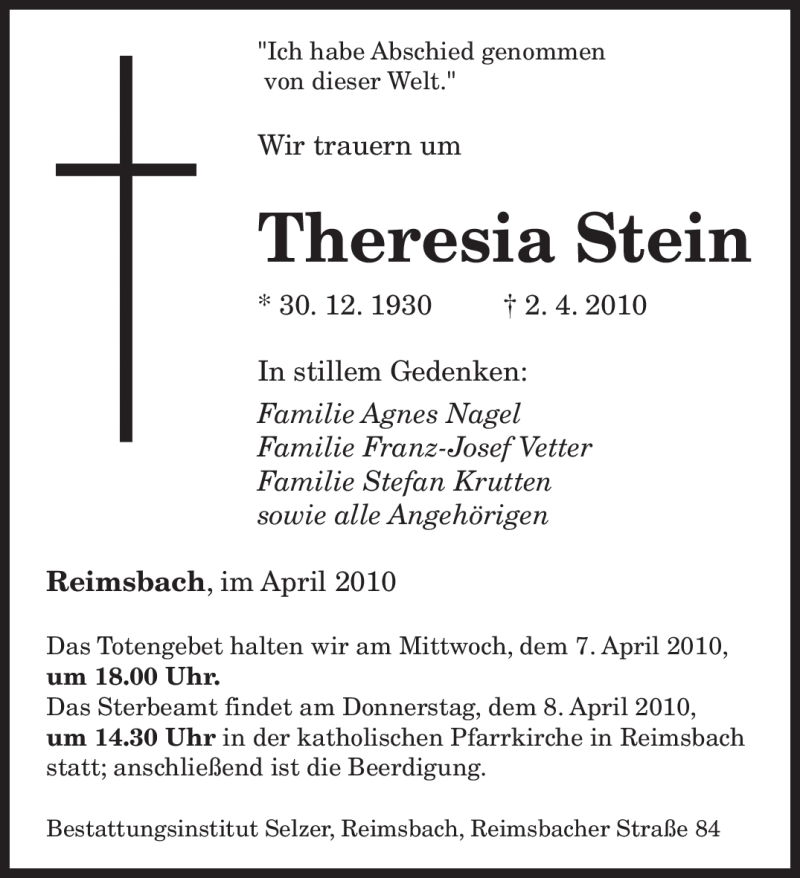  Traueranzeige für Theresia Stein vom 06.04.2010 aus SAARBRÜCKER ZEITUNG