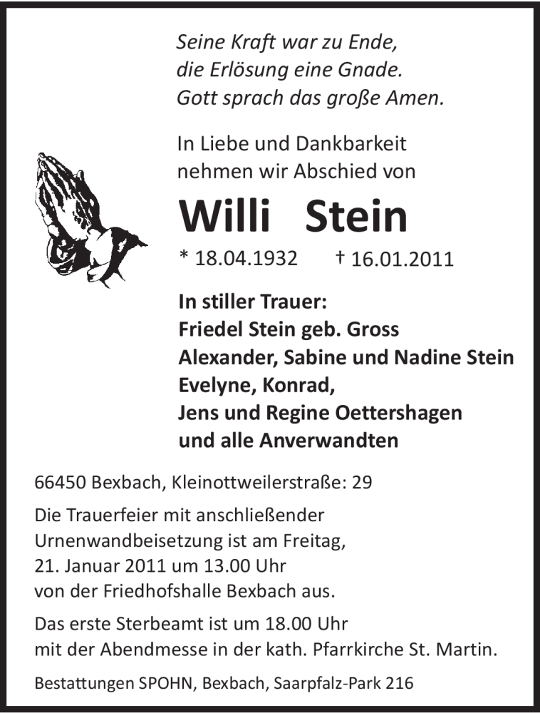  Traueranzeige für Willi Stein vom 19.01.2011 aus SAARBRÜCKER ZEITUNG