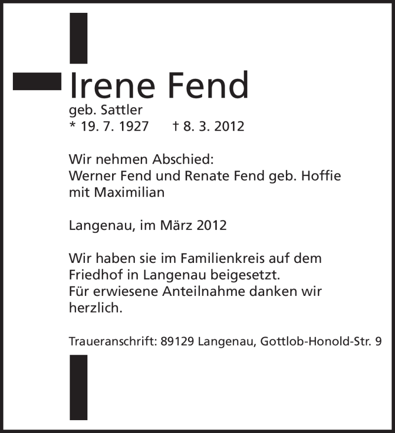  Traueranzeige für Irene Fend vom 17.03.2012 aus SAARBRÜCKER ZEITUNG