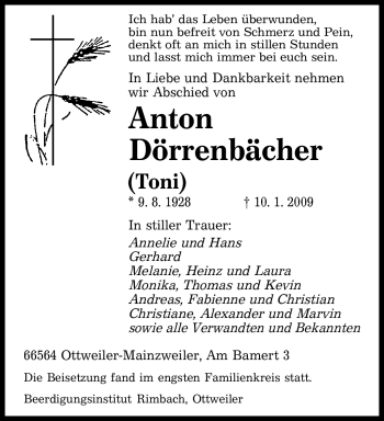 Traueranzeige von Anton Dörrenbächer von SAARBRÜCKER ZEITUNG