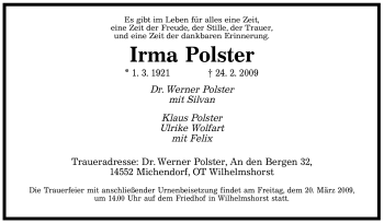 Traueranzeige von Irma Polster von SAARBRÜCKER ZEITUNG