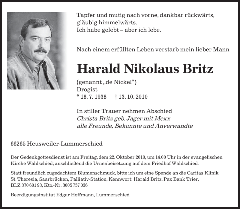  Traueranzeige für Harald Nikolaus Britz vom 20.10.2010 aus SAARBRÜCKER ZEITUNG