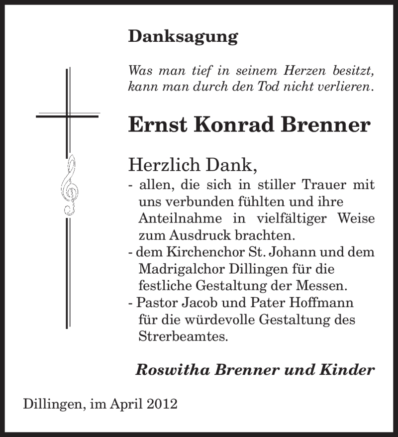  Traueranzeige für Ernst Konrad Brenner vom 21.04.2012 aus SAARBRÜCKER ZEITUNG