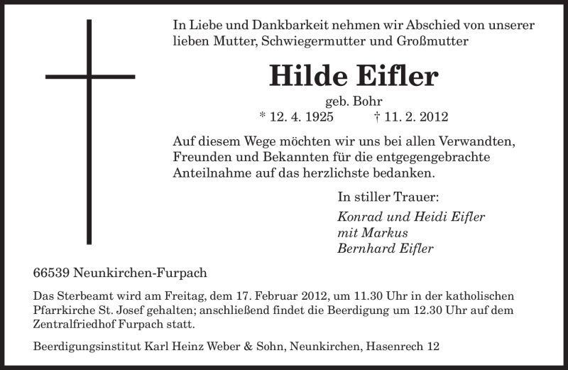  Traueranzeige für Hilde Eifler vom 14.02.2012 aus SAARBRÜCKER ZEITUNG