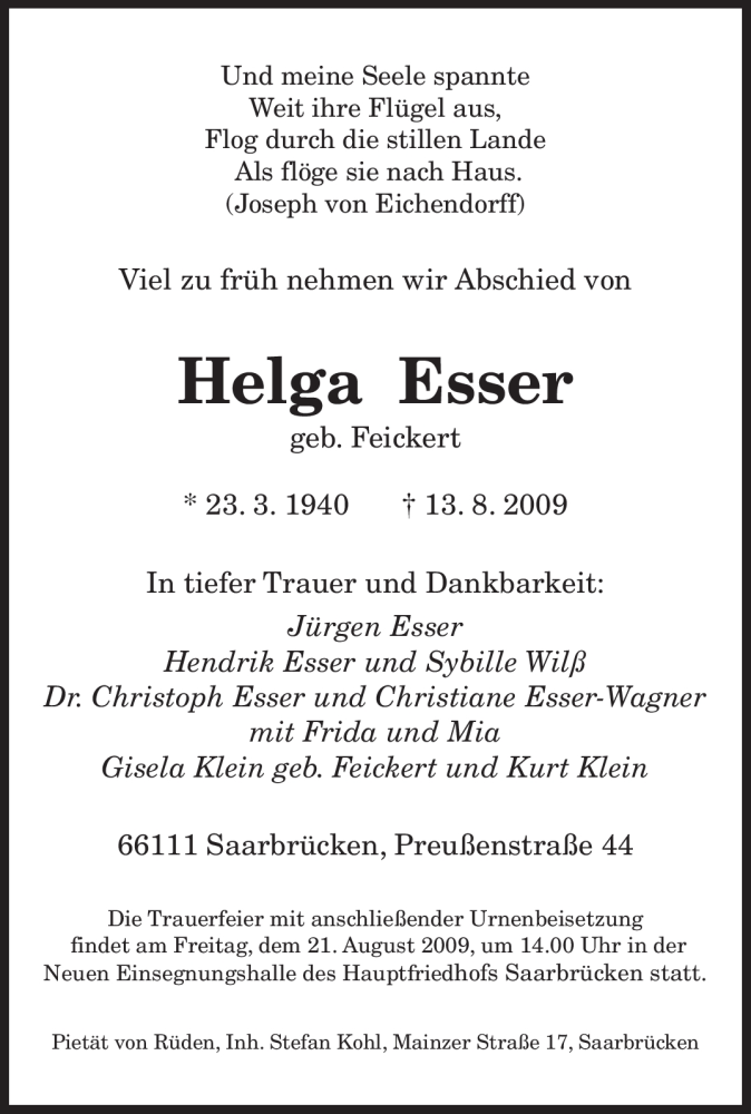  Traueranzeige für Helga Esser vom 18.08.2009 aus SAARBRÜCKER ZEITUNG