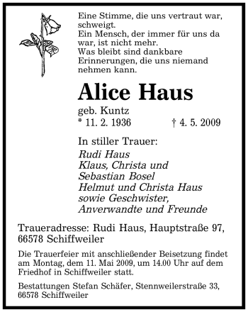 Traueranzeige von Alice Haus von SAARBRÜCKER ZEITUNG