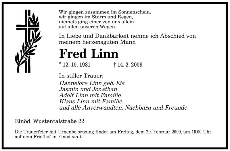  Traueranzeige für Fred Linn vom 18.02.2009 aus SAARBRÜCKER ZEITUNG