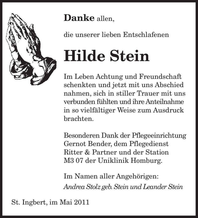  Traueranzeige für Hilde Stein vom 28.05.2011 aus SAARBRÜCKER ZEITUNG