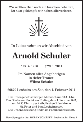 Traueranzeige von Arnold Schuler von SAARBRÜCKER ZEITUNG