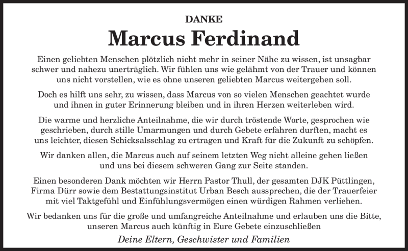  Traueranzeige für Marcus Ferdinand vom 20.08.2011 aus SAARBRÜCKER ZEITUNG