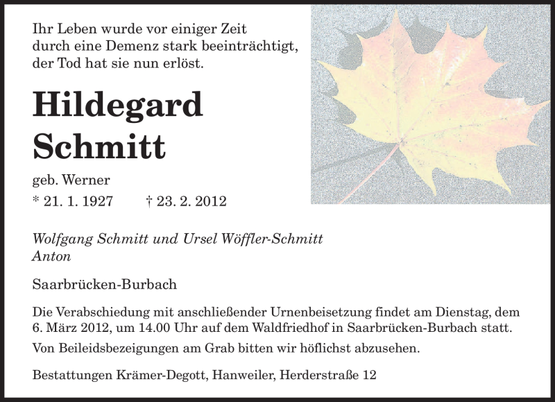  Traueranzeige für Hildegard Schmitt vom 02.03.2012 aus SAARBRÜCKER ZEITUNG