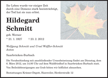 Traueranzeige von Hildegard Schmitt von SAARBRÜCKER ZEITUNG