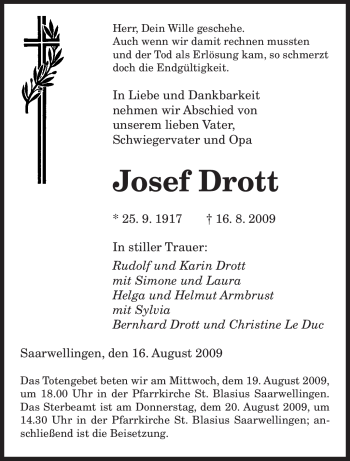 Traueranzeige von Josef Drott von SAARBRÜCKER ZEITUNG