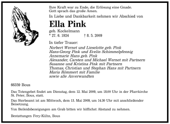 Traueranzeige von Ella Pink von SAARBRÜCKER ZEITUNG