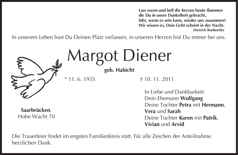  Traueranzeige für Margot Diener vom 14.11.2011 aus SAARBRÜCKER ZEITUNG
