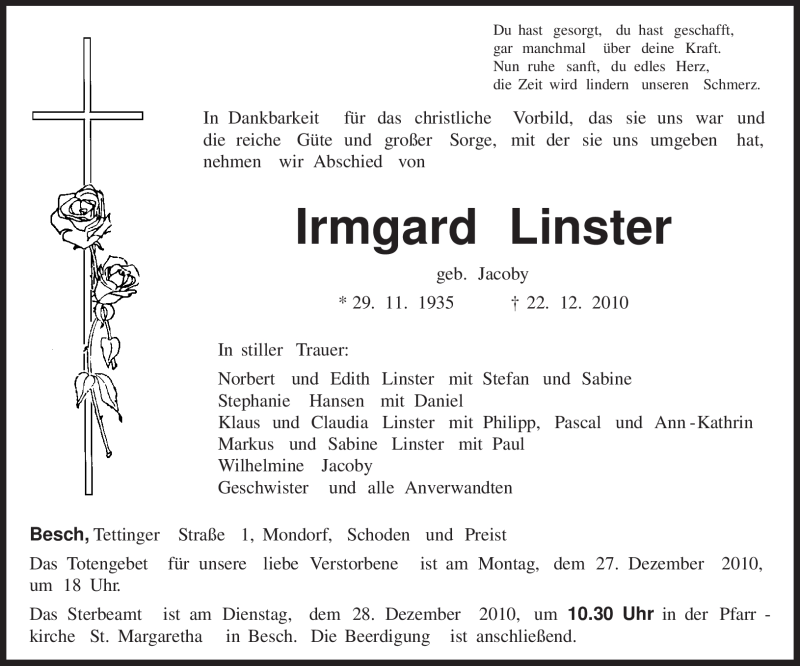  Traueranzeige für Irmgard Linster vom 24.12.2010 aus 
