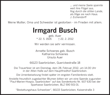 Traueranzeige von Irmgard Busch von SAARBRÜCKER ZEITUNG