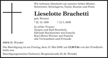 Traueranzeige von Lieselotte Brachetti von SAARBRÜCKER ZEITUNG