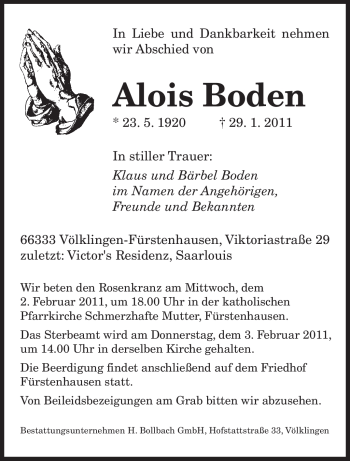 Traueranzeige von Alois Boden von SAARBRÜCKER ZEITUNG