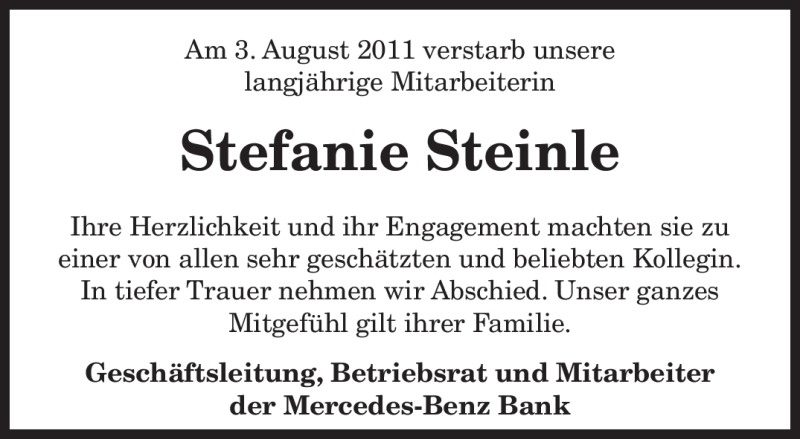  Traueranzeige für Stefanie Steinle vom 08.08.2011 aus SAARBRÜCKER ZEITUNG