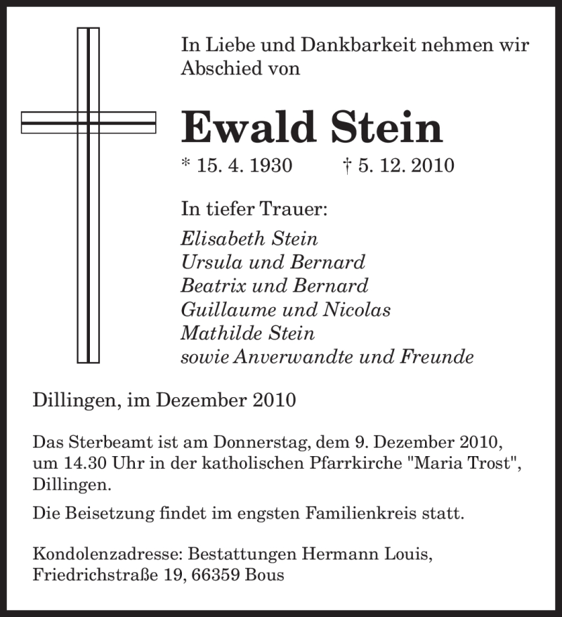  Traueranzeige für Ewald Stein vom 08.12.2010 aus SAARBRÜCKER ZEITUNG