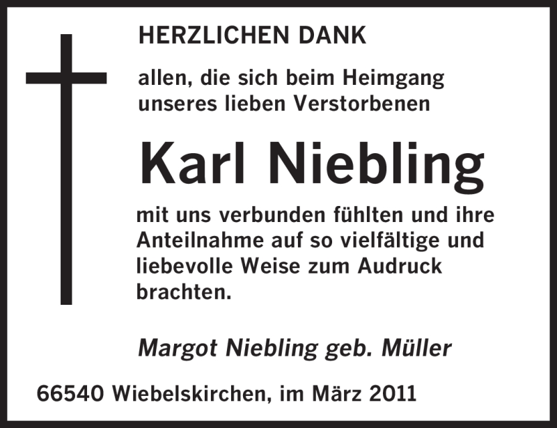  Traueranzeige für Karl Niebling vom 19.03.2011 aus SAARBRÜCKER ZEITUNG