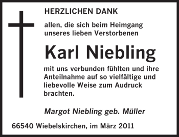 Traueranzeige von Karl Niebling von SAARBRÜCKER ZEITUNG