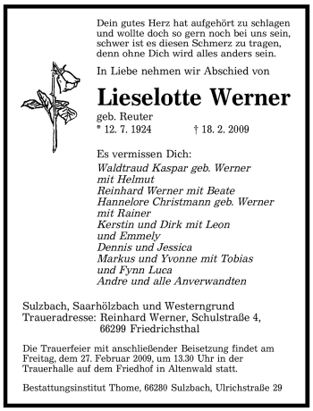 Traueranzeige von Lieselotte Werner von SAARBRÜCKER ZEITUNG