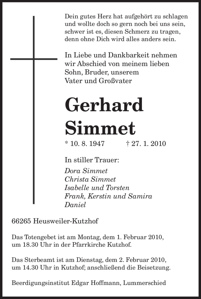  Traueranzeige für Gerhard Simmet vom 30.01.2010 aus SAARBRÜCKER ZEITUNG