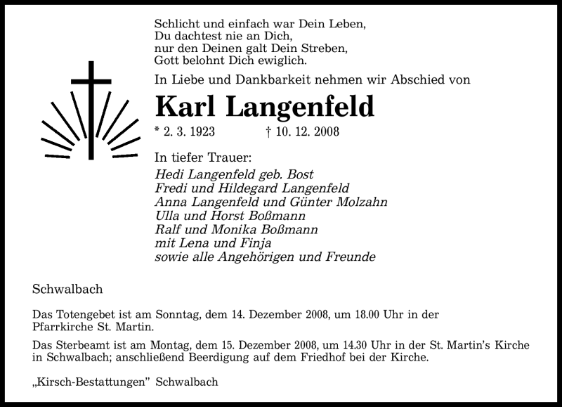  Traueranzeige für Karl Langenfeld vom 13.12.2008 aus SAARBRÜCKER ZEITUNG
