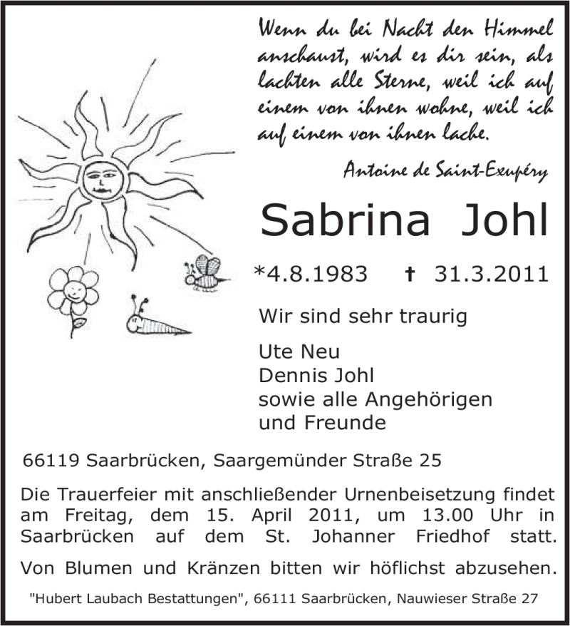  Traueranzeige für Sabrina Johl vom 09.04.2011 aus SAARBRÜCKER ZEITUNG