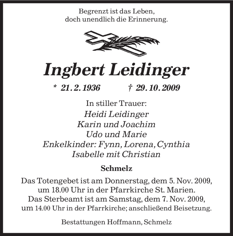  Traueranzeige für Ingbert Leidinger vom 04.11.2009 aus SAARBRÜCKER ZEITUNG