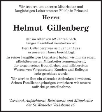 Traueranzeige von Helmut Gillenberg von SAARBRÜCKER ZEITUNG