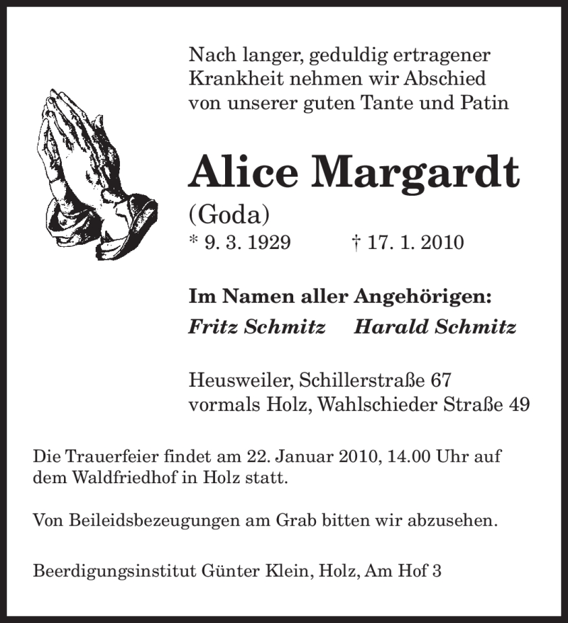  Traueranzeige für Alice Margardt vom 20.01.2010 aus SAARBRÜCKER ZEITUNG
