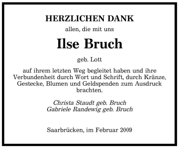 Traueranzeige von Ilse Bruch von SAARBRÜCKER ZEITUNG