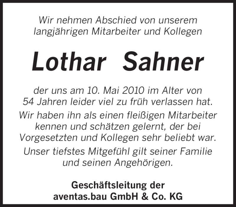  Traueranzeige für Lothar Sahner vom 17.05.2010 aus SAARBRÜCKER ZEITUNG