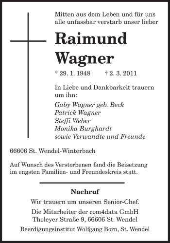 Traueranzeige von Raimund Wagner von SAARBRÜCKER ZEITUNG