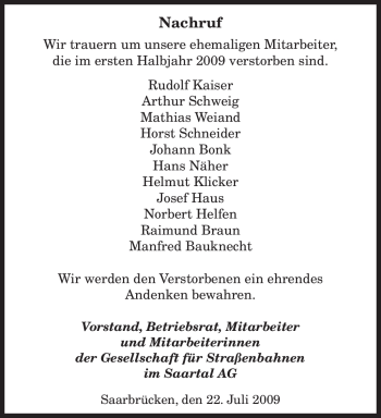 Traueranzeige von Helmut Klicker von SAARBRÜCKER ZEITUNG