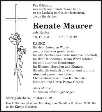 Traueranzeige von Renate Maurer von SAARBRÜCKER ZEITUNG