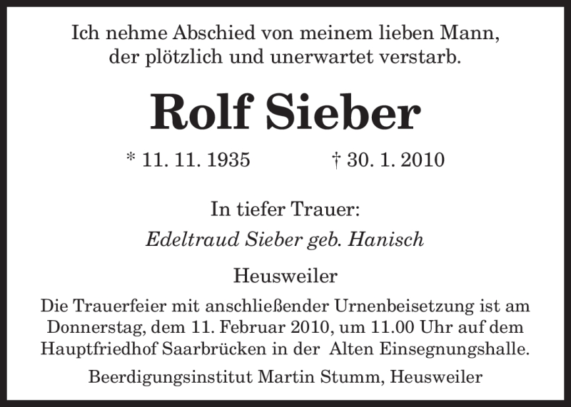  Traueranzeige für Rolf Sieber vom 09.02.2010 aus SAARBRÜCKER ZEITUNG