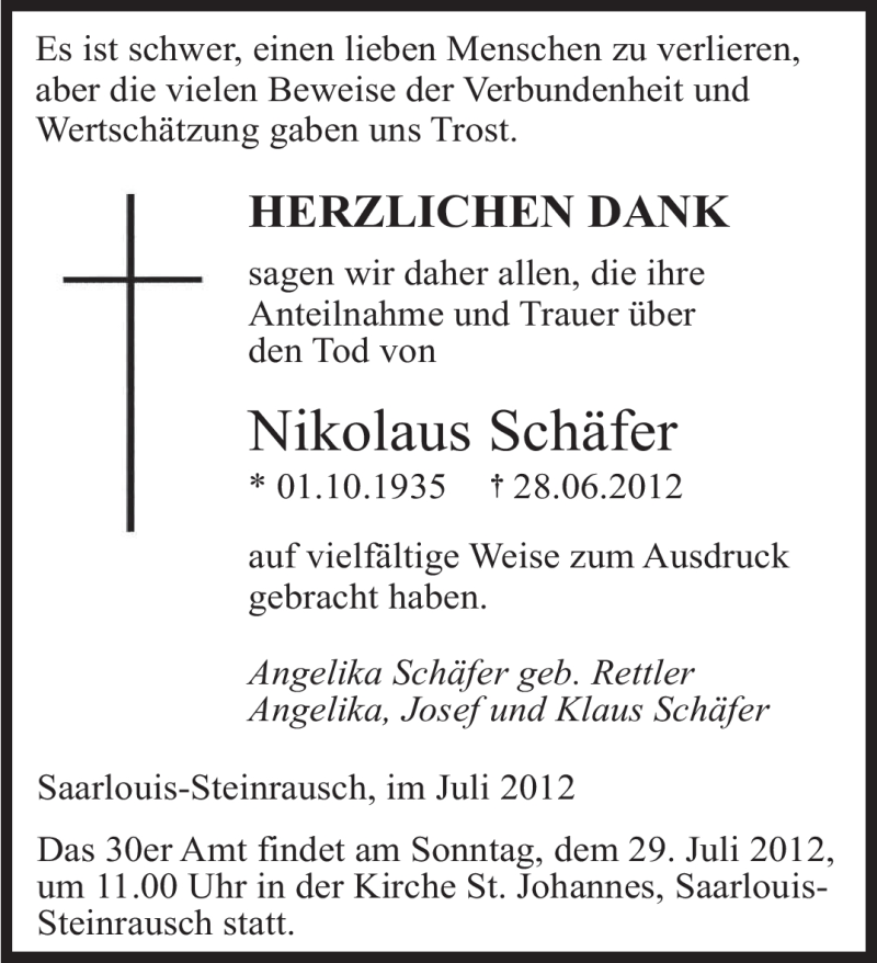  Traueranzeige für Nikolaus Schäfer vom 21.07.2012 aus SAARBRÜCKER ZEITUNG